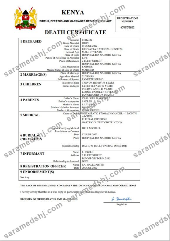 Kenya vital record death certificate Word and PDF template